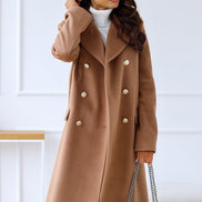 Women's Double-Breasted Long Wool-Blend Pea Coat with Notch Lapel