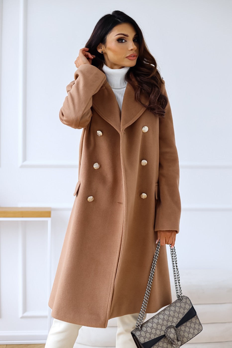 Women's Double-Breasted Long Wool-Blend Pea Coat with Notch Lapel