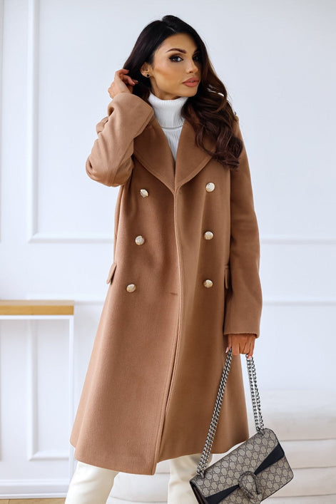 Women's Double-Breasted Long Wool-Blend Pea Coat with Notch Lapel