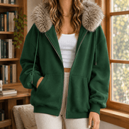 Ardith Oversized Fleece Hoodie with Fur-Trimmed Hood and Full-Length Zip