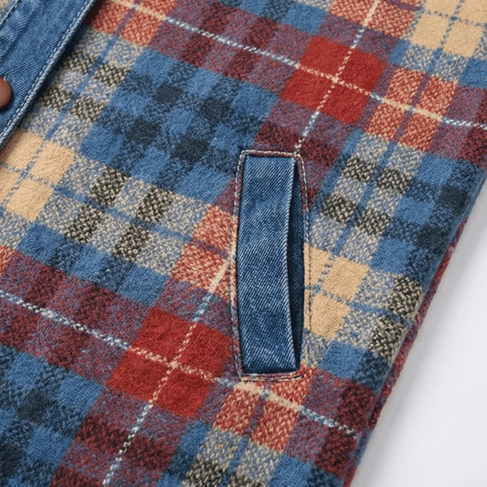Weslyn Plaid Hooded Shacket with Denim Trim