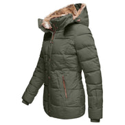 Faux Fur Hooded Puffer Winter Jacket with Detachable Trim for Women