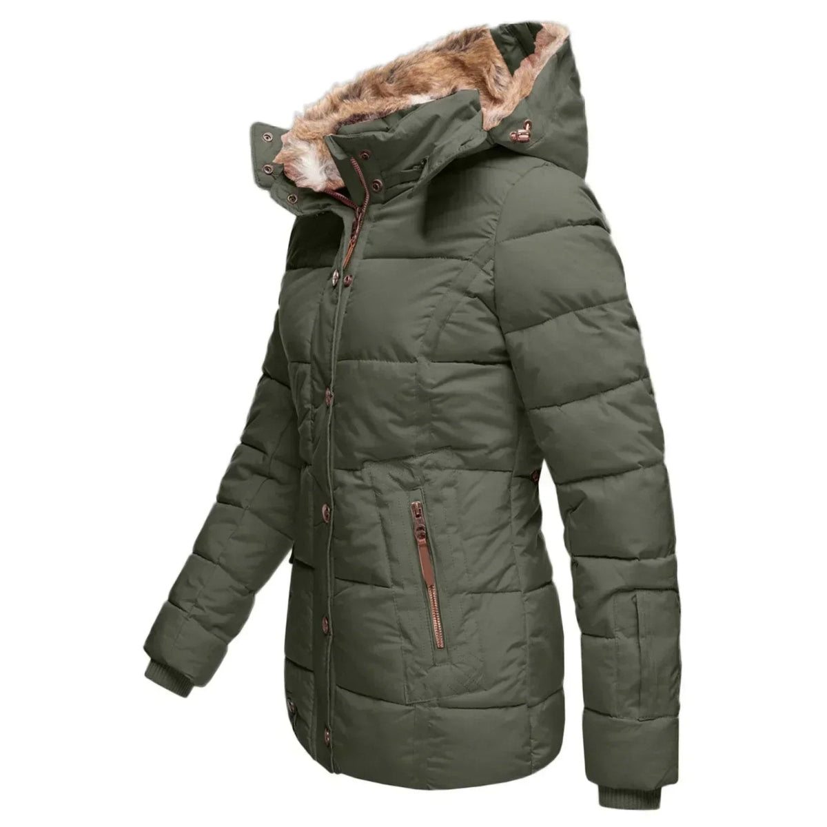 Faux Fur Hooded Puffer Winter Jacket with Detachable Trim for Women