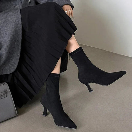 Doris Pointed-Toe Sock Boots with Kitten Heel in Suede-Effect Fabric