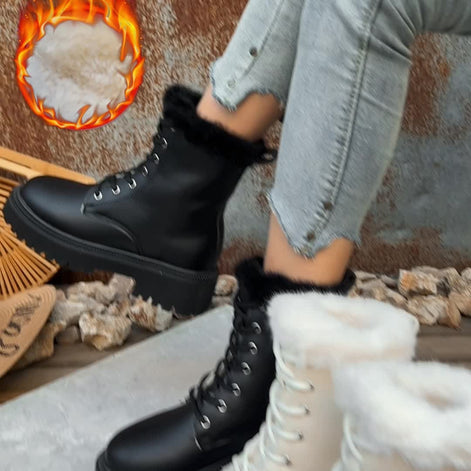 Women's Faux Leather Winter Boots with Faux Fur Trim and Chunky Platform Sole