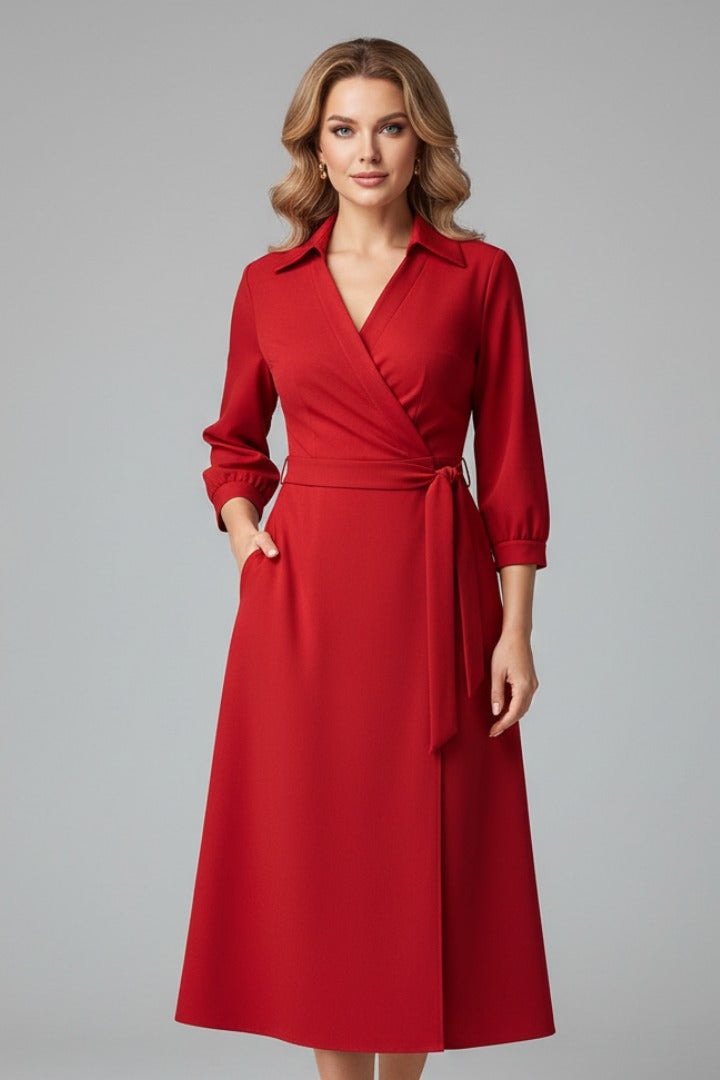 Matilda Long Sleeve Woven Wrap Midi Dress for Christmas Party