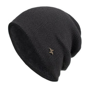Men's Herringbone Knit Beanie with Fleece Lining and Ribbed Edge