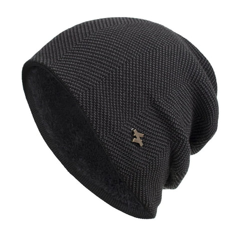 Men's Herringbone Knit Beanie with Fleece Lining and Ribbed Edge