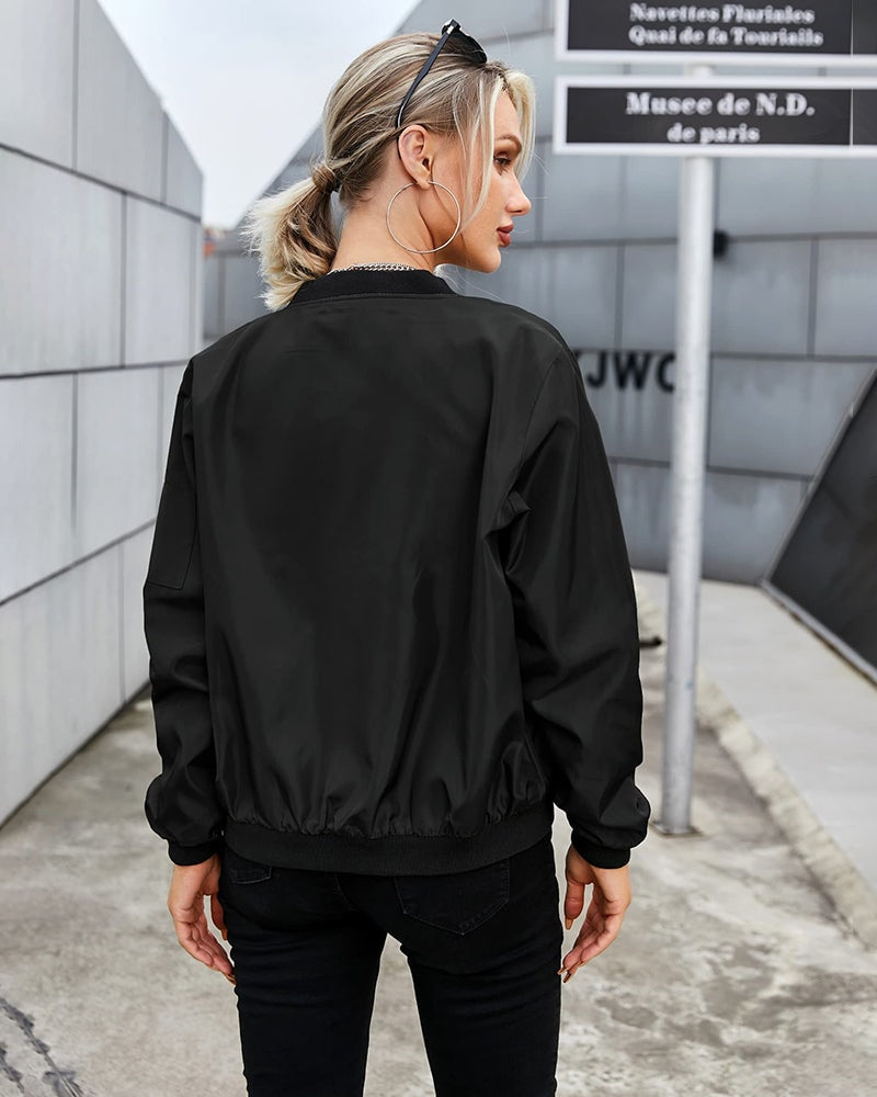 Women's Classic Polyester Bomber Jacket with Ribbed Trim and Zip-Up Front