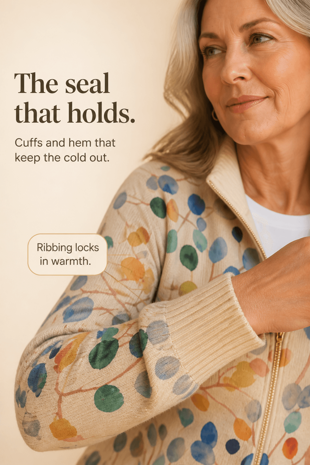 Botanical Print Zip-Up Knit Cardigan with Ribbed Trim