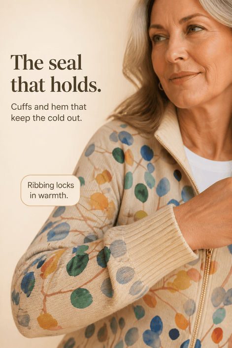 Botanical Print Zip-Up Knit Cardigan with Ribbed Trim
