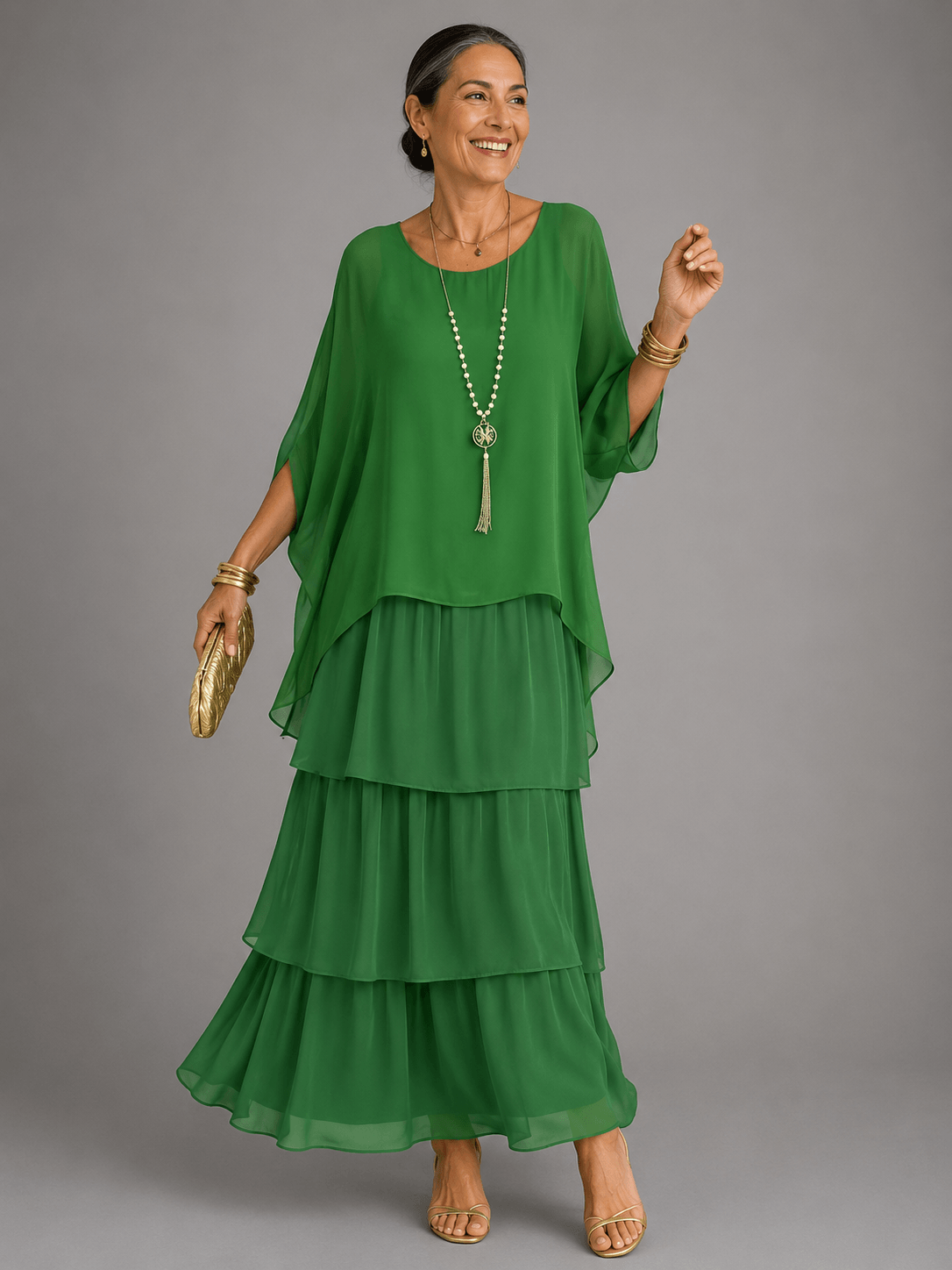 Tiered Chiffon Women's Maxi Dress with Flutter Sleeves and Layered Hem