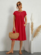 Women's Cotton Blend Christmas Party Shift Midi Dress with Pockets