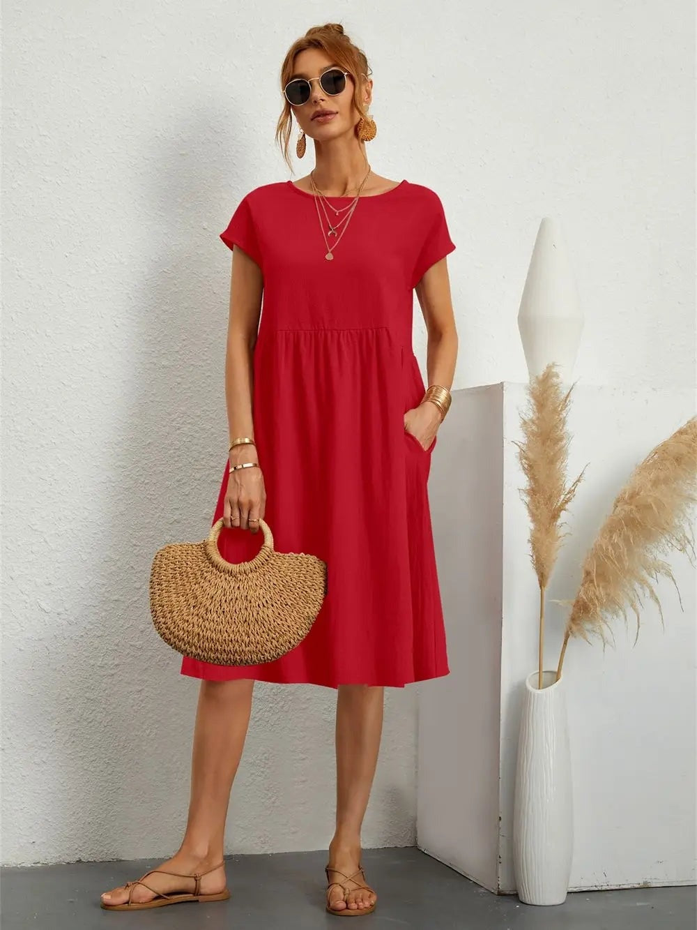 Women's Cotton Blend Christmas Party Shift Midi Dress with Pockets