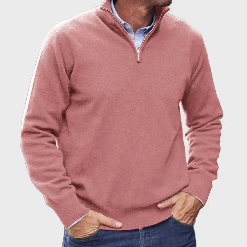 Men's Quarter-Zip Knitted Jumper with Ribbed Collar