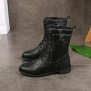Hazel Lace-Up Combat Boots with Side Zip and Buckle Detail in Faux Leather