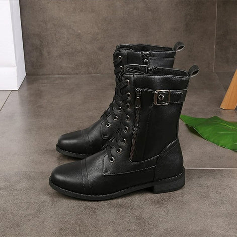 Hazel Lace-Up Combat Boots with Side Zip and Buckle Detail in Faux Leather