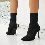 Women's Ribbed Knit Ankle Boots with Pointed Toe and Stiletto Heel