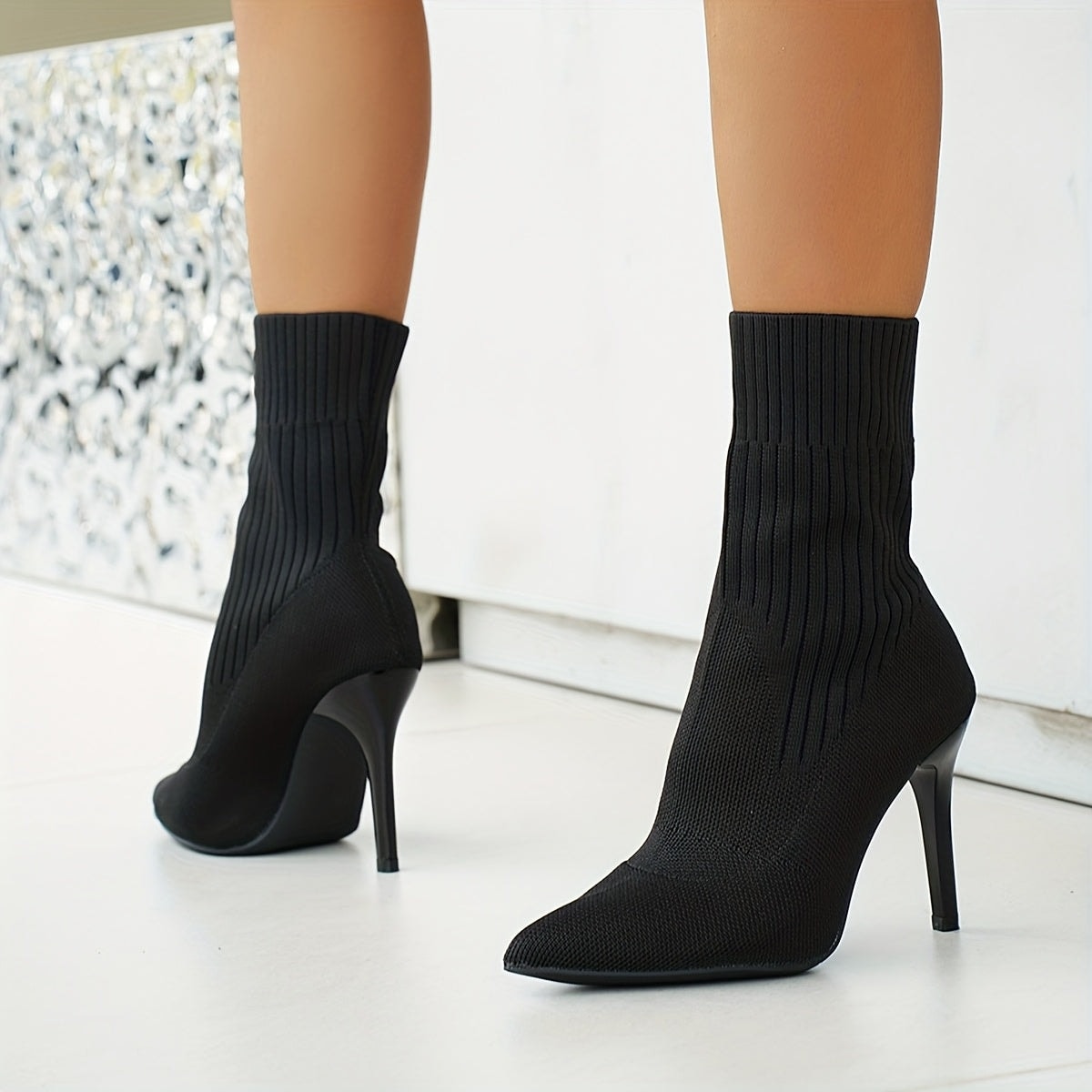 Women's Ribbed Knit Ankle Boots with Pointed Toe and Stiletto Heel