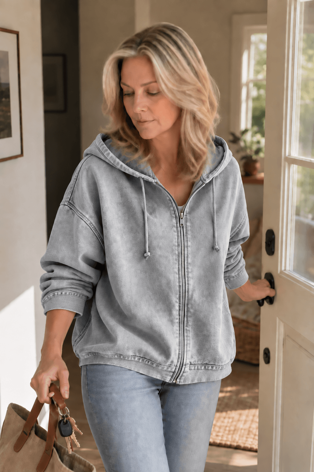 Women's Washed Relaxed Zip-Up Hoodie Jacket with Lined Hood