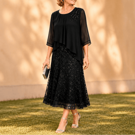 Elavine Sheer-Sleeve Floral Lace Overlay Chiffon Women's Midi Dress