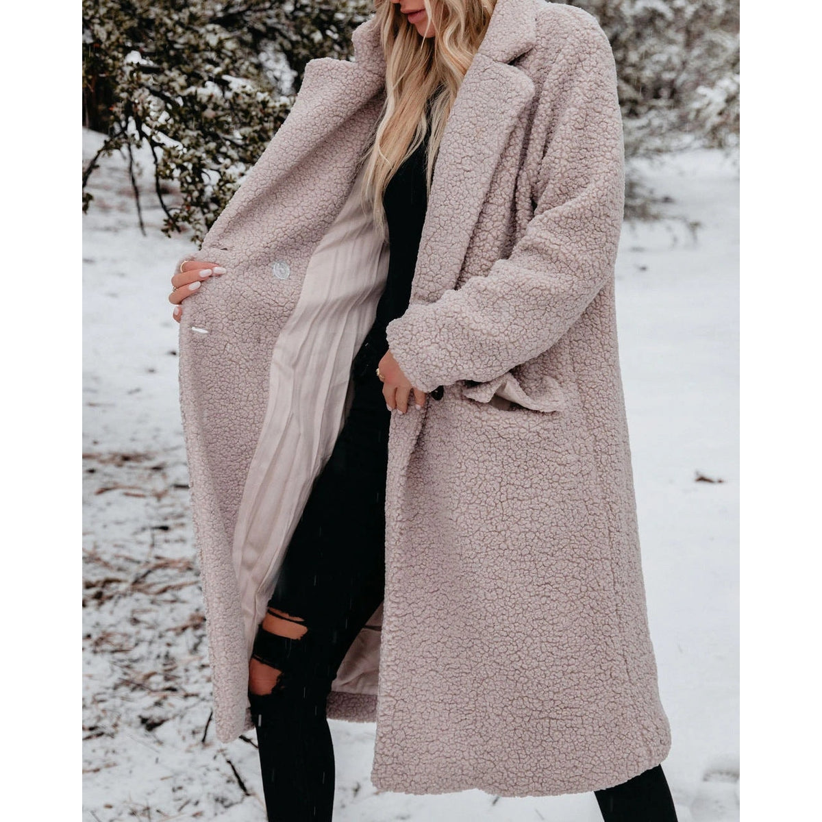 Women's Long Teddy Fleece Coat with Button Front Closure