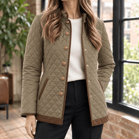 Women's Diamond Quilted Puffer-Style Jacket with Contrast Trim