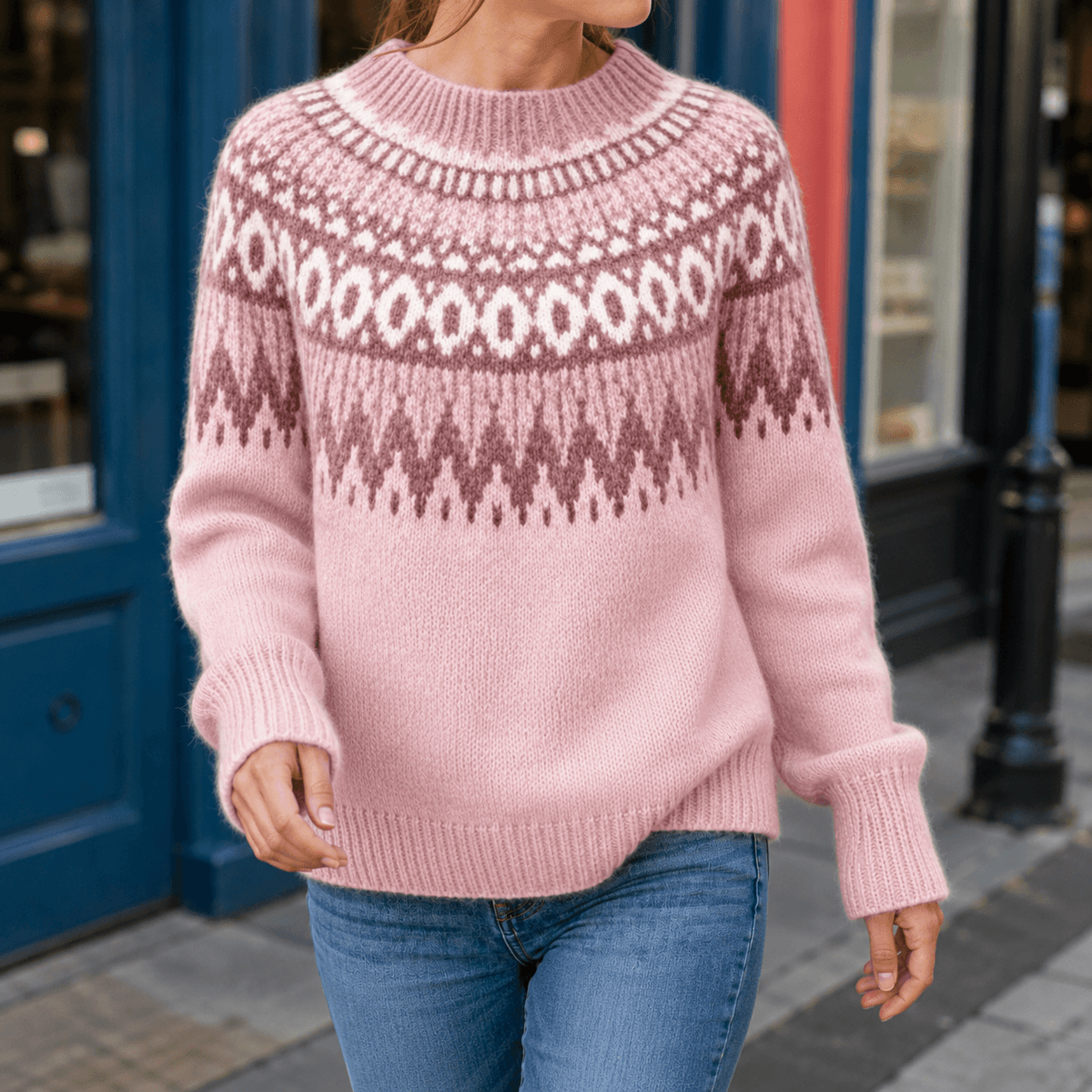 Women's Fair Isle Patterned Knitted Jumper with Ribbed Cuffs