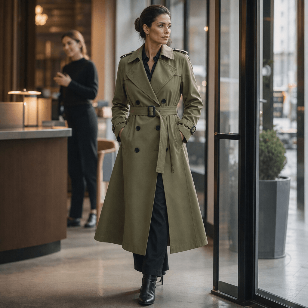 Mayfield Double-Breasted Belted Long Trench Coat with Tailored Waist for Women