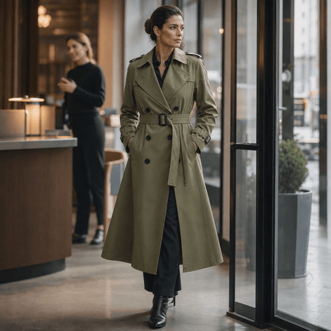 Mayfield Double-Breasted Belted Long Trench Coat with Tailored Waist for Women