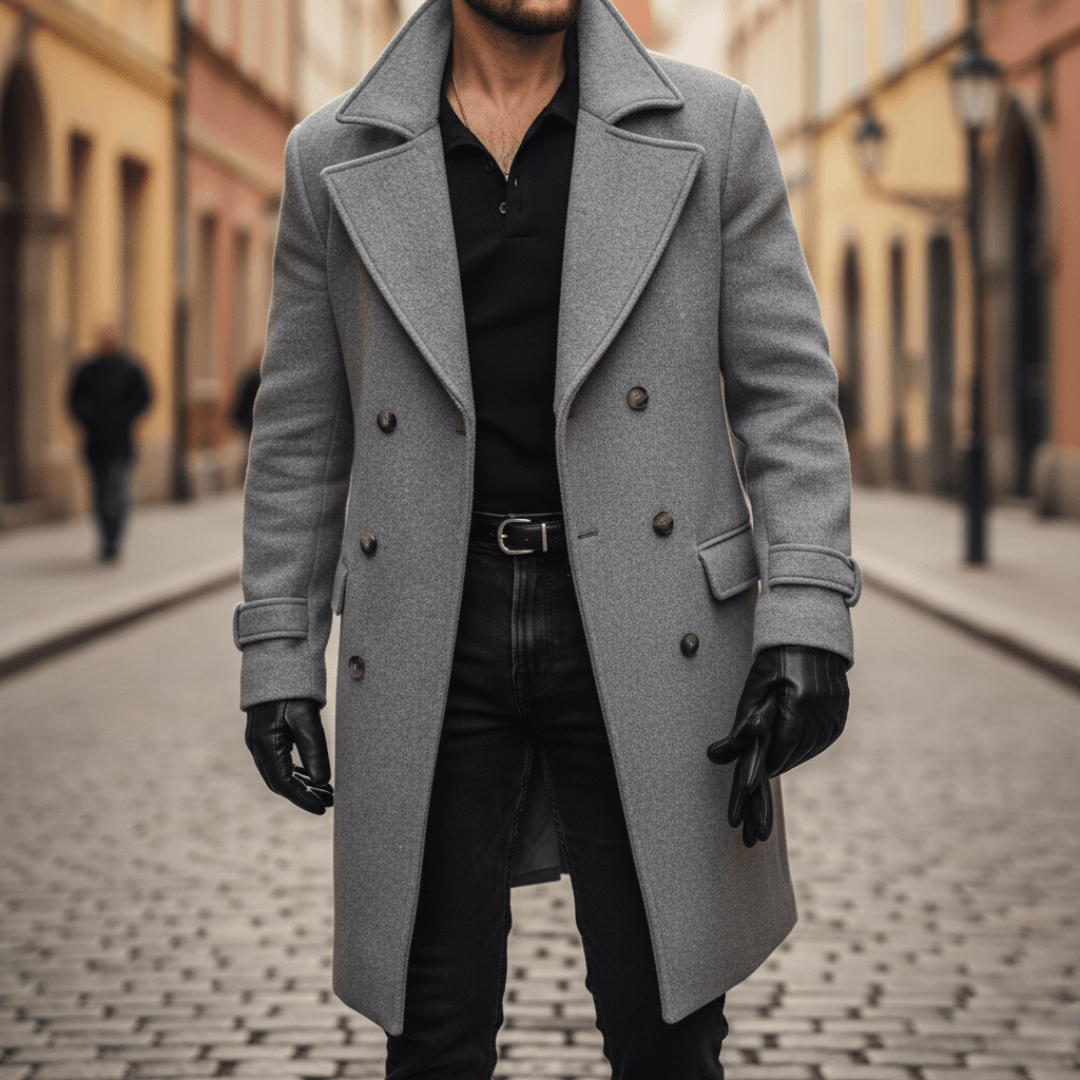 Double-Breasted Wool Blend Overcoat with Wide Notched Lapels