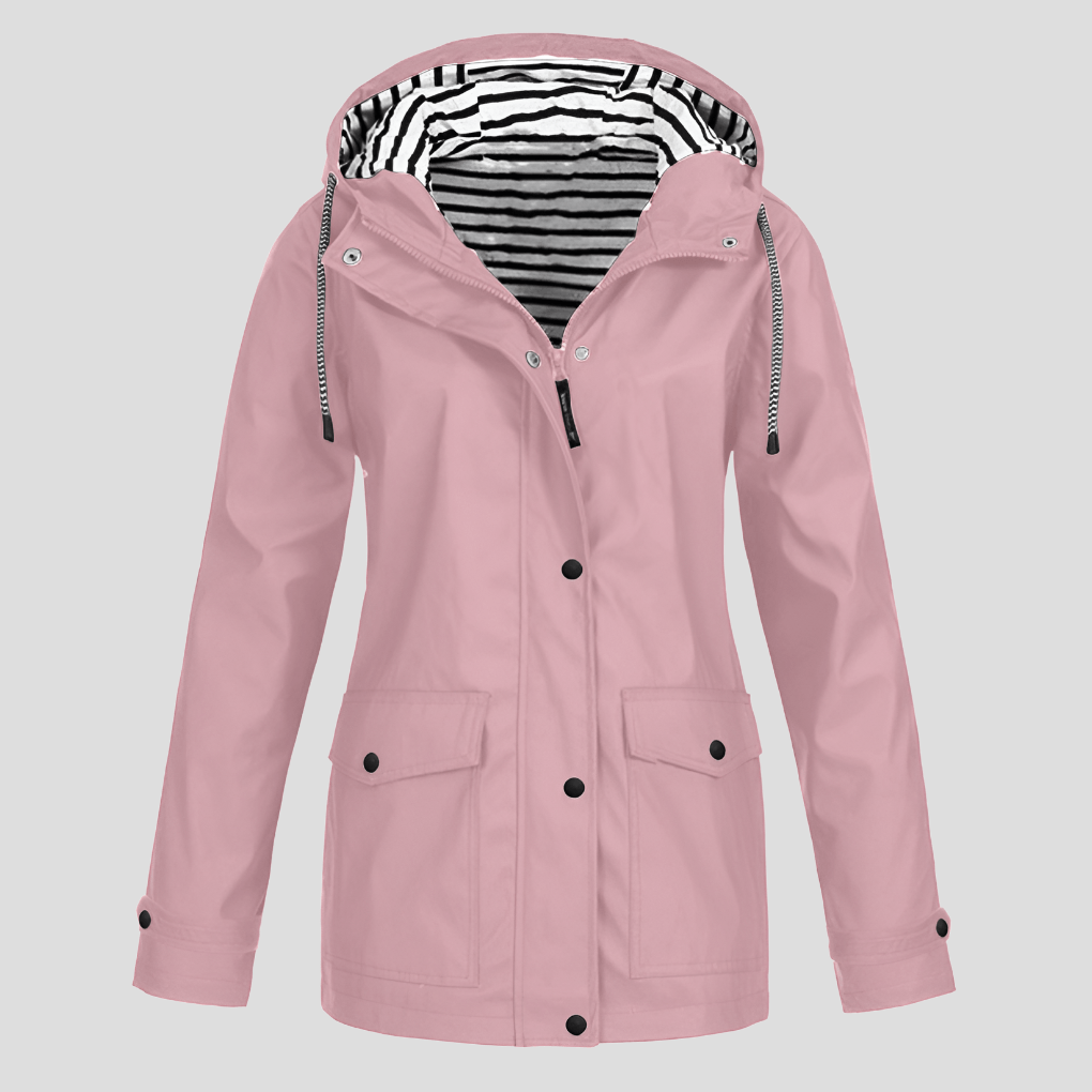 Women's Waterproof Hooded Rain Jacket with Zip Front and Snap Button Pockets