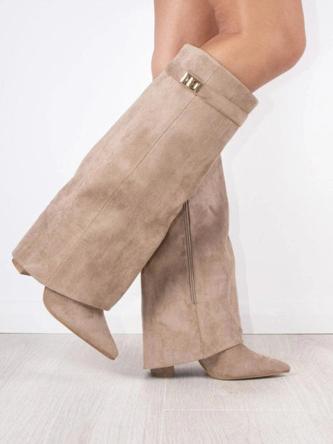 Women's Suede Fold-Over Boots with Pointed Toe and Gold Buckle Detail