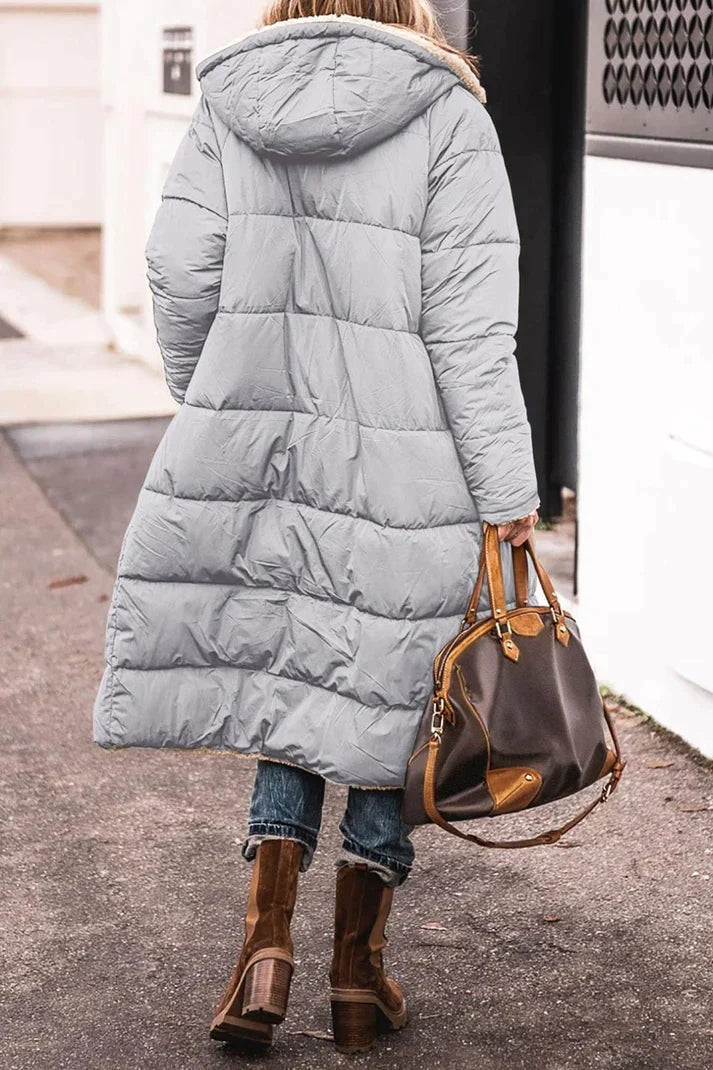 Women's Long Polyester Coat with Teddy Fleece Lining and Hood