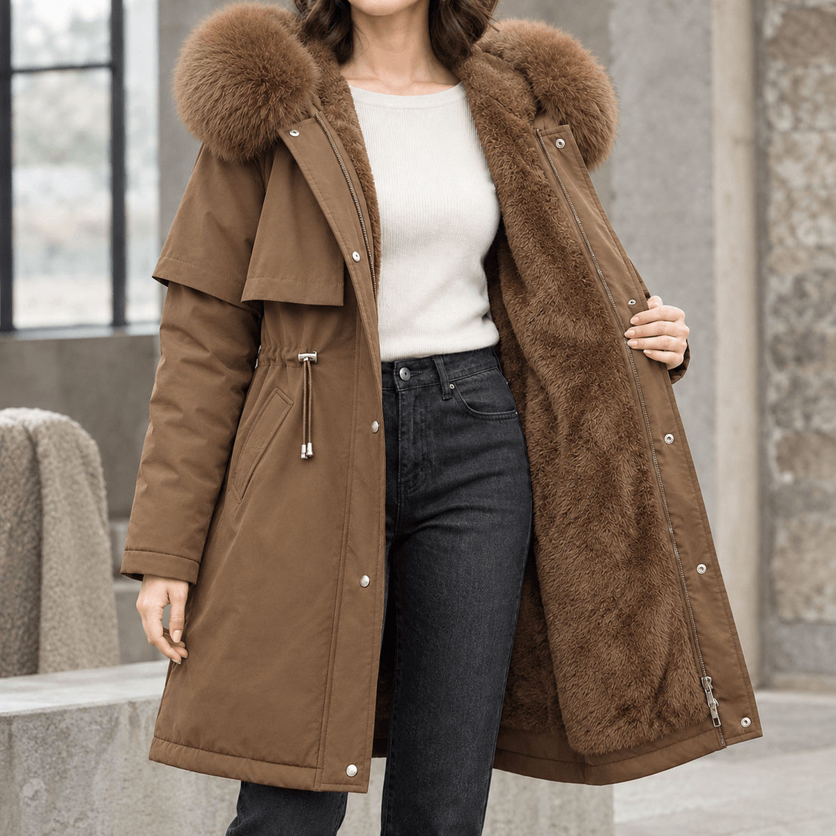 Agnes-Hope Women's Longline Hooded Winter Coat with Faux Fur Trim and Drawcord Waist