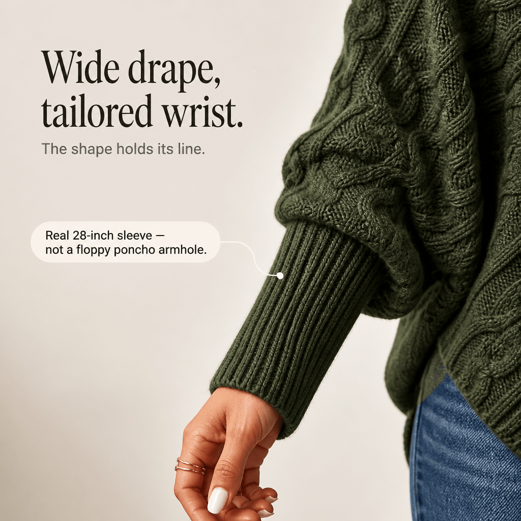Women's Cable-Knit Turtleneck Poncho Jumper with Ribbed Trim
