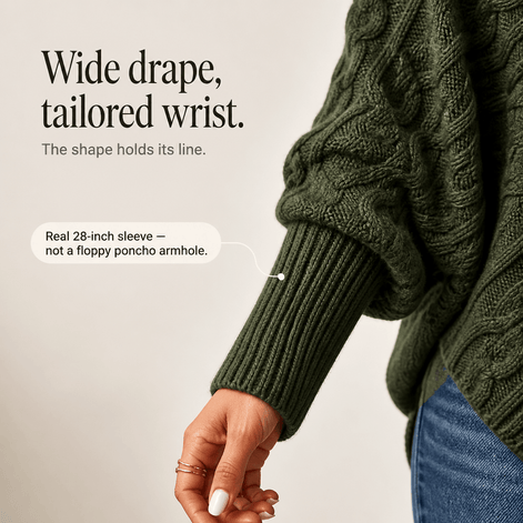Women's Cable-Knit Turtleneck Poncho Jumper with Ribbed Trim