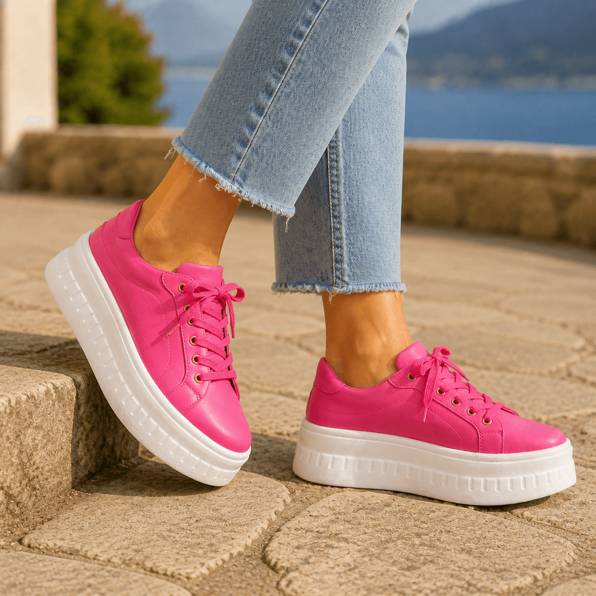 Women's Cushioned Faux Leather Sneakers with Platform Sole and Lace-Up Closure