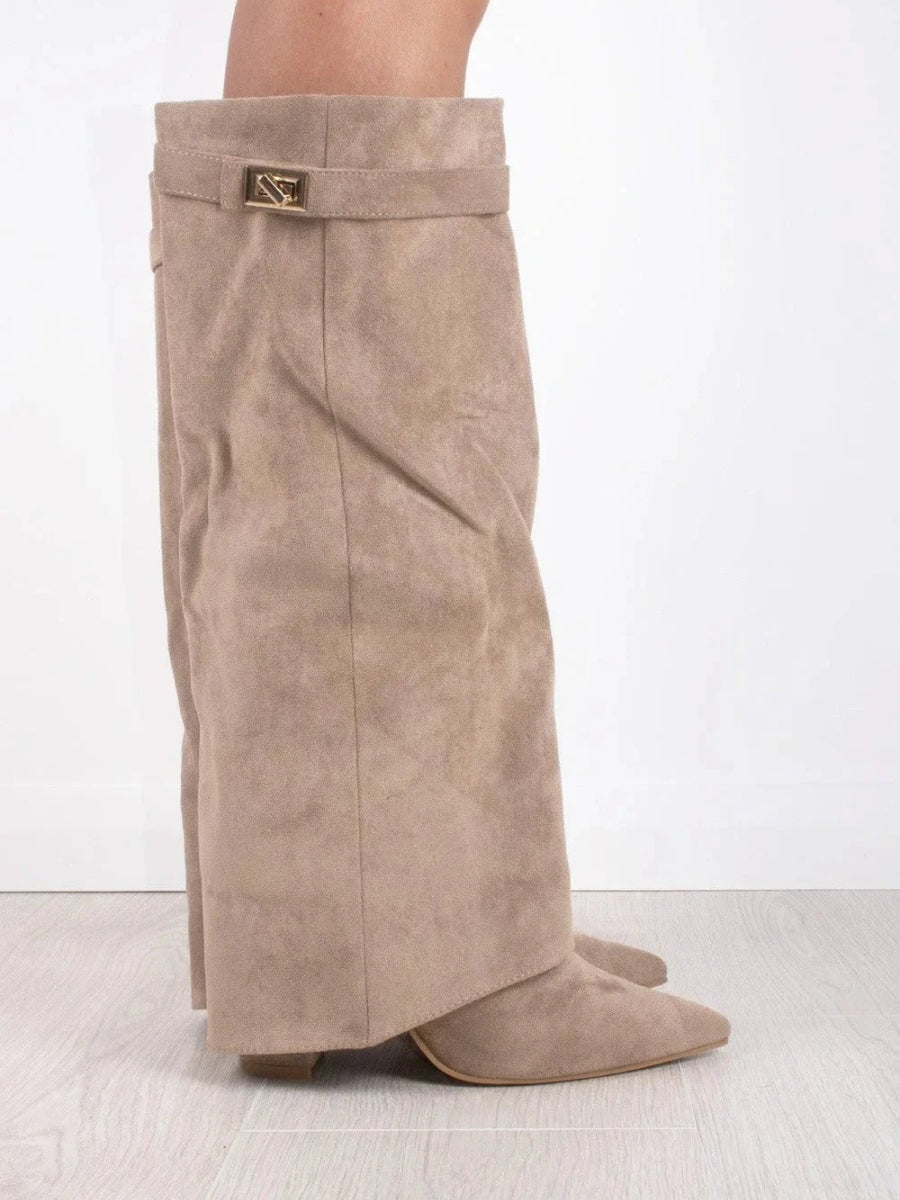 Fold-Over Pointed Toe Knee-High Suede Boots for Women in Winter