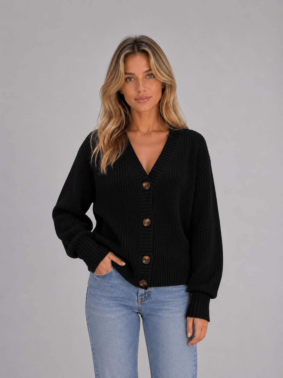 Chunky Ribbed Knit Button-Front V-Neck Women's Cardigan Jumper