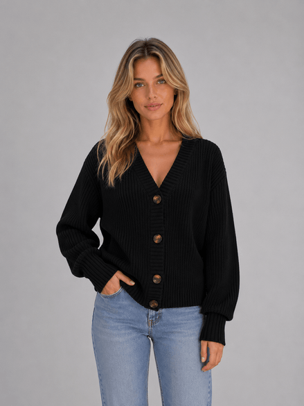 Chunky Ribbed Knit Button-Front V-Neck Women's Cardigan Jumper