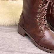 Faux Leather Lace-Up Women's Winter Boots with Fleece Lining and Side Zip