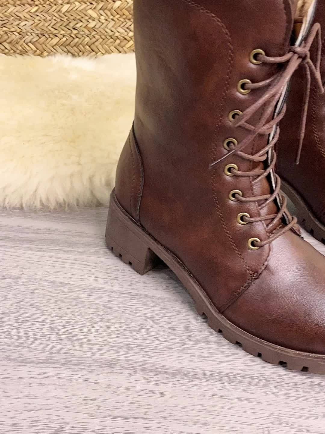 Faux Leather Lace-Up Women's Winter Boots with Fleece Lining and Side Zip