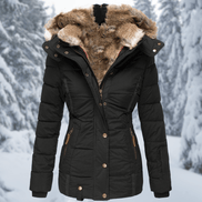Women's Quilted Polyester Puffer Jacket with Faux Fur Trim Hood