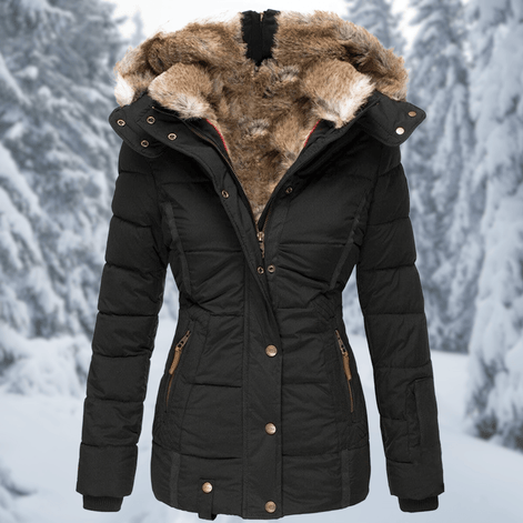 Women's Quilted Polyester Puffer Jacket with Faux Fur Trim Hood