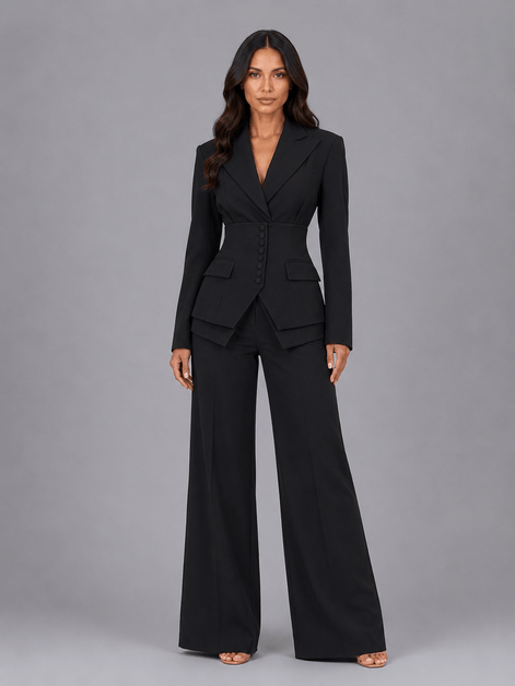 Cinched-Waist Blazer and Wide-Leg Trouser Suit with Tailored Fit