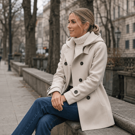 Edwina Women's Double-Breasted Hooded Winter Coat with Wide Collar