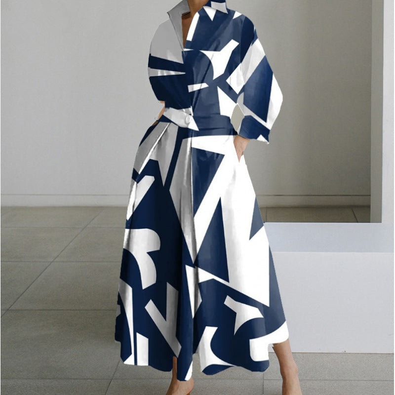 Alora Collared Front Wrap Women's Midi Dress with Long Sleeves in Print