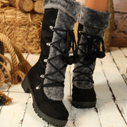 Faux Suede Knee-High Winter Boots for Women with Faux Fur Trim and Lace-Up Detail