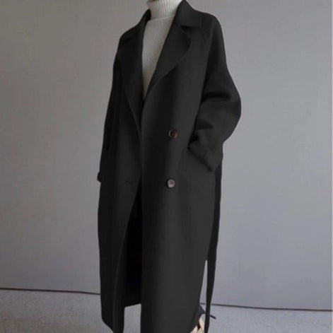 Longline Double-Breasted Women's Wool Blend Coat for Winter